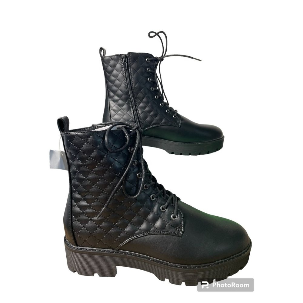 Women Size 9-1/2 BRASH PRESSLEE Quilted Lace Tie Combat Boots, black